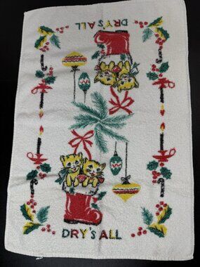 Vintage Retro Cannon Kitchen Towel “Dry’s All” Christmas Cats Kittens In Boot